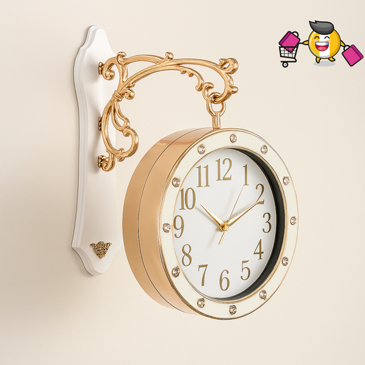 Double-Sided Luxury Wall Clock – Crystal-Studded Rose Gold Finish with Ornate Gold Bracket