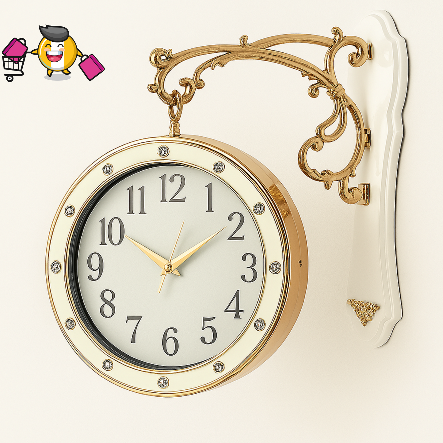 Double-Sided Luxury Wall Clock – Crystal-Studded Rose Gold Finish with Ornate Gold Bracket