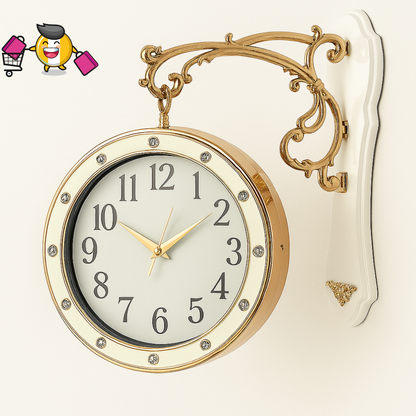Double-Sided Luxury Wall Clock – Crystal-Studded Rose Gold Finish with Ornate Gold Bracket