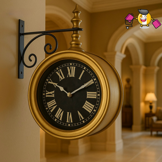 Double Sided Wall Clock - Color Antique Gold with Roman Numerals