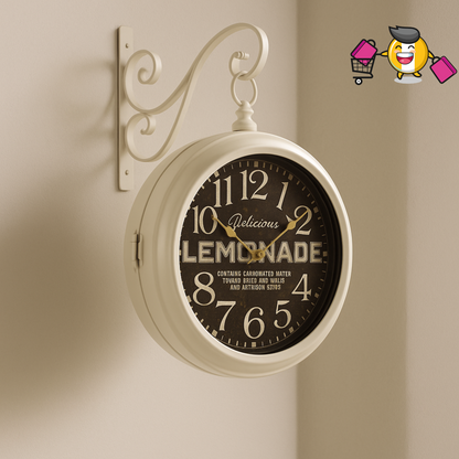 Vintage Wall-Mounted Lemonade Clock – Dual-Sided Retro Timepiece with Ornate Bracket