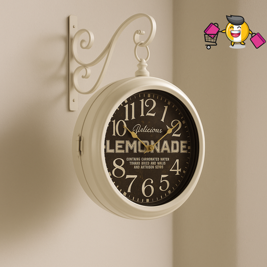 Vintage Wall-Mounted Lemonade Clock – Dual-Sided Retro Timepiece with Ornate Bracket