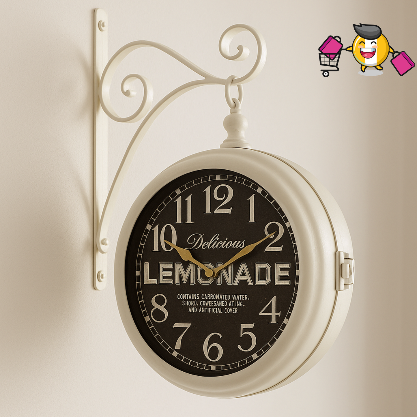 Vintage Wall-Mounted Lemonade Clock – Dual-Sided Retro Timepiece with Ornate Bracket