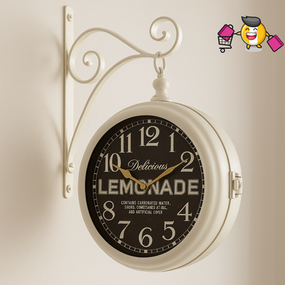 Vintage Wall-Mounted Lemonade Clock – Dual-Sided Retro Timepiece with Ornate Bracket